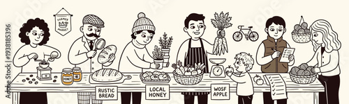 People happily gather at an outdoor market buying fresh produce baked goods and artisan items