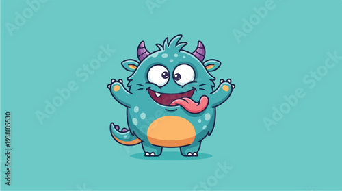 Cute Blue Cartoon Monster with Big Eyes and Tongue Out.