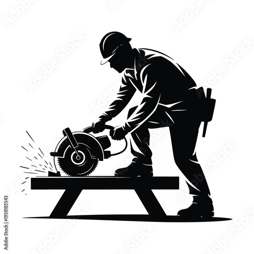 Construction worker in silhouette cutting wood with a circular saw on a sawhorse outdoors