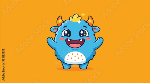 Cute Blue Fluffy Monster Character with Horns and Big Eyes.