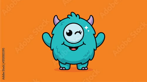 Cute Blue Fluffy Monster Winking with One Eye.
