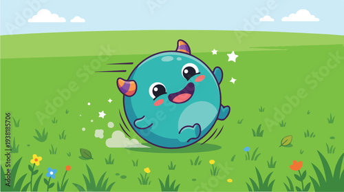 Cute Blue Monster Ball Character Rolling in Green Field.