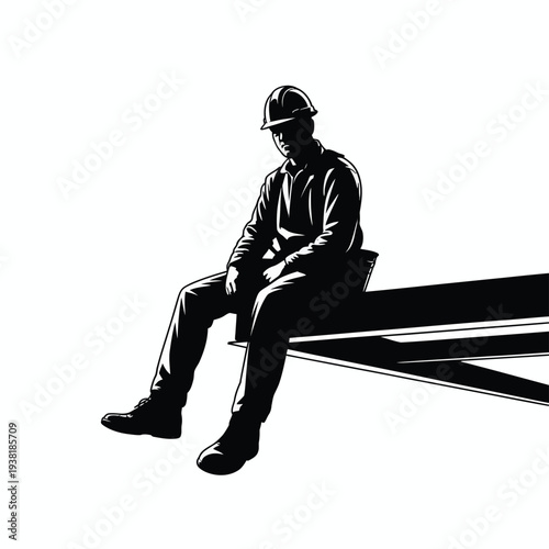 Construction worker sitting on a beam wearing a hard hat in a monochrome silhouette