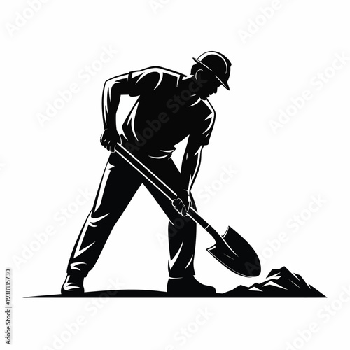 Man digging with shovel silhouette of worker with hard hat and spade labor intensive task black and white graphic