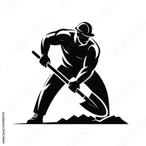 Man in hard hat digging with shovel black silhouette on white background laborer at work