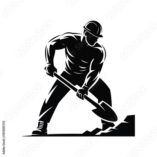 Man in hard hat digging with shovel dynamic black silhouette on white background construction and labor concept