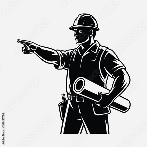 Construction worker pointing with blueprints in hand wearing hard hat and uniform on white background