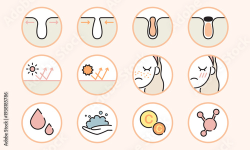 ゆらぎ肌対策丸アイコンセット｜敏感肌・乾燥・紫外線ケアの美容ベクター素材