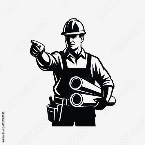 Construction worker in hard hat pointing with blueprints and tool belt on white background