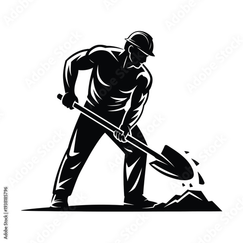 Man in hard hat digging with shovel black silhouette on white background laborer at work construction excavation