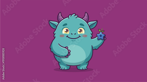 Cute Blue Monster Holding a Small Christmas Tree.