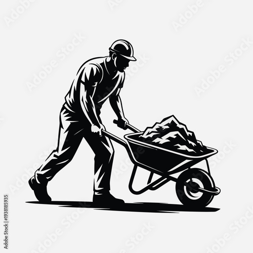 Man in hard hat pushing loaded wheelbarrow with heavy rocks or soil on a plain background for construction or gardening concepts