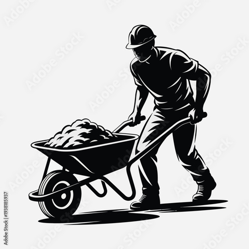 Man in hard hat pushing loaded wheelbarrow with one hand on hip heavy lifting construction work