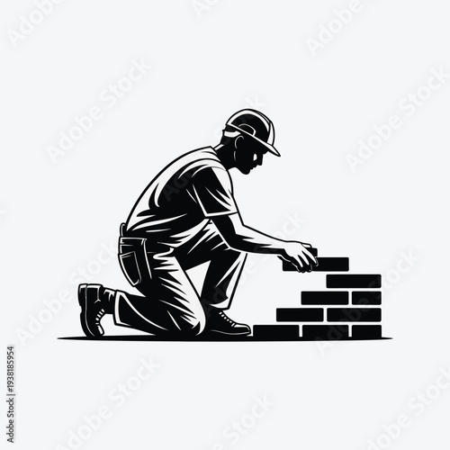 Construction worker building brick wall kneeling position black and white illustration simple background hard hat and workwear
