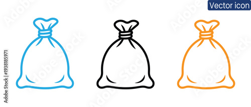 Vibrant trash bags in blue, black, and orange on clean white background for commercial use
