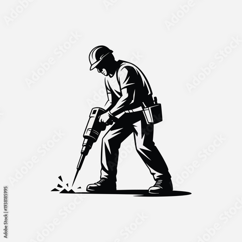 Construction worker drilling into ground with jackhammer tool