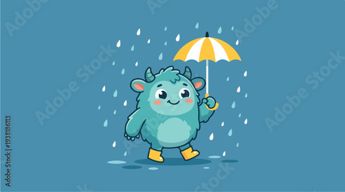 Cute Blue Monster Holding Umbrella in Rain.