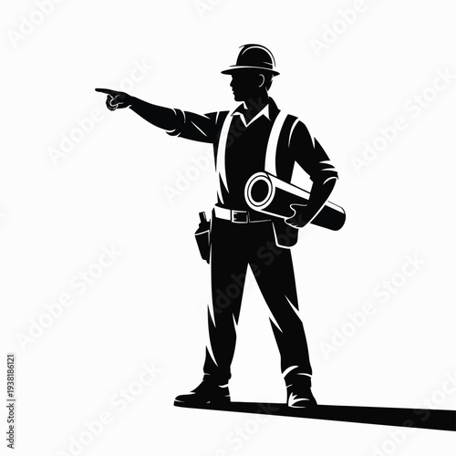 Construction worker pointing holding blueprints wearing hard hat and vest on white background