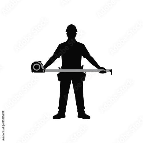 Silhouette of a construction worker holding a long tape measure and tool on a white background