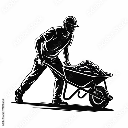 Man pushing wheelbarrow filled with heavy load construction worker in hard hat laborer carrying heavy burden