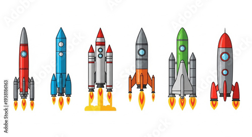 Collection of colorful rockets launching into space with flames.
