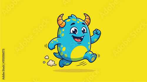 Cute Blue Monster Running with Joyful Expression.