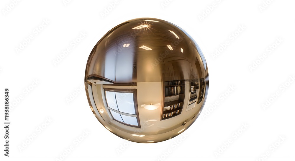 Fototapeta premium Modern office interior reflected in metallic sphere with bright lighting