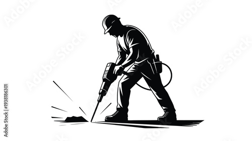 Construction worker drilling into concrete with jackhammer tool on a building site