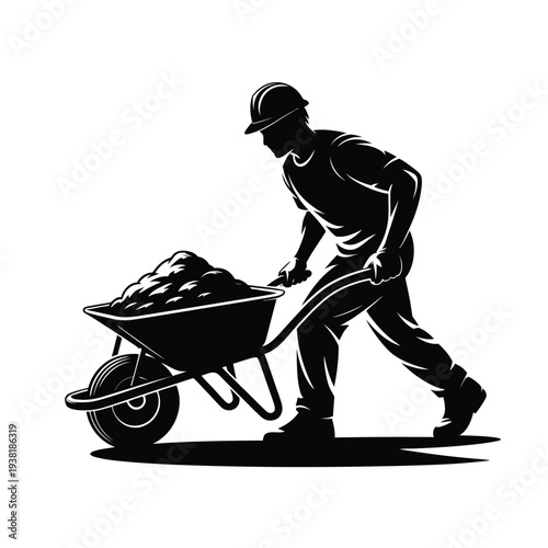 Man pushing wheelbarrow filled with rocks wearing hard hat silhouette