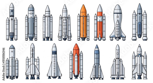 Collection of diverse rocket spacecraft designs for space exploration.