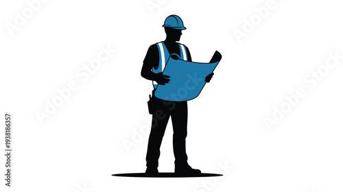Construction worker in hard hat and vest holding blueprints on white background examining plans