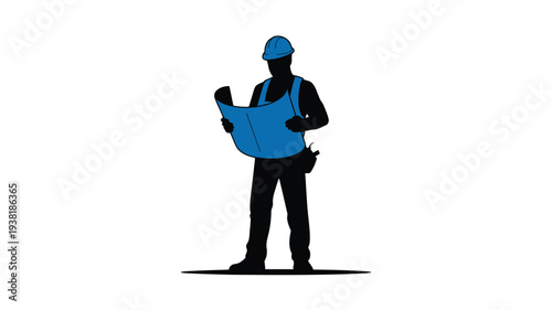 Construction worker in hard hat holding blueprint and standing confidently against a plain white background with simple design