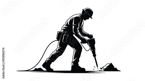 Construction worker in hard hat using jackhammer on concrete or asphalt drilling into ground with power tool