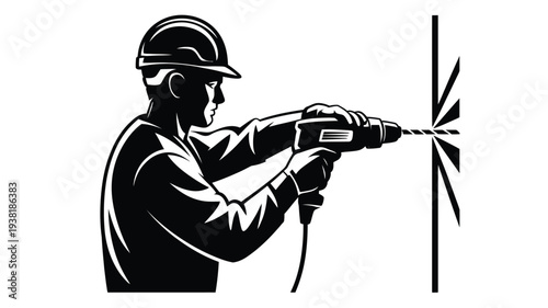 Construction worker drilling into wall with power drill wearing safety helmet industrial setting