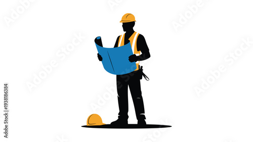 Construction worker in yellow hard hat and vest holding blueprints on white background with another hat on ground