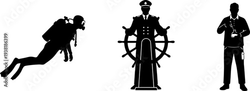 Scuba diver swimming underwater with oxygen tank, ship captain steering wheel, scientist holding flask and dropper, diverse professions silhouettes marine navigation research illustration