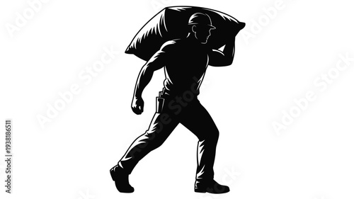 Man carrying heavy sack on shoulder walking laborer worker industry manual labor strong effort physical work silhouette