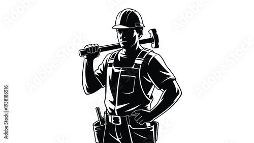 Confident male construction worker holding a hammer on shoulder wearing safety gear and overalls standing strong