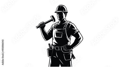 Confident male construction worker holding hammer wearing hard hat and tool belt standing strong in work attire