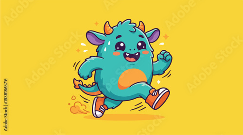Cute Cartoon Monster Running Joyfully on Yellow Background.
