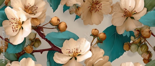 Seamless floral pattern with beige blossoms, teal leaves, and buds on branches, creating an elegant botanical background illustration.