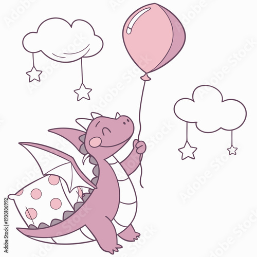 A Excited Dragon with with a balloon in a Fantasy dream theme – Dreamland palette SVG illustration