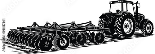 Agricultural tractor pulling disc harrow cultivating soil on farmland rural farming machinery black vector illustration isolated on white
