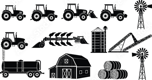 Agriculture farming equipment silhouettes with tractors barn windmill silo plow hay bales and rural farm machinery vector illustration set