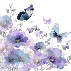 Delicate watercolor illustration of blue and purple flowers with graceful butterflies on a white background.
