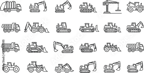 Construction machinery line icons set with excavator bulldozer dump truck crane tractor heavy equipment industrial vector illustration collection