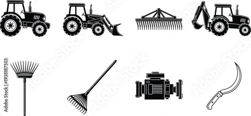 Farm machinery and agriculture tools silhouettes with tractors rake sickle engine and farming equipment black vector illustration set