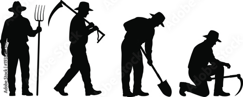 Farmer working silhouettes with pitchfork scythe shovel and hoe agricultural workers farming activity black vector illustration isolated set