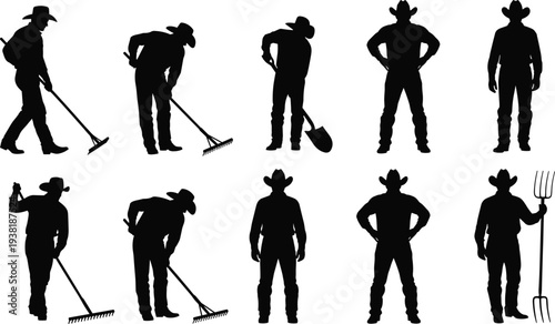 Farmer silhouettes collection with rake shovel pitchfork and rural farming workers black vector illustration isolated set