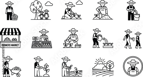 Farmers agriculture line icons set with planting harvesting watering market gardening rural farming vector illustration collection